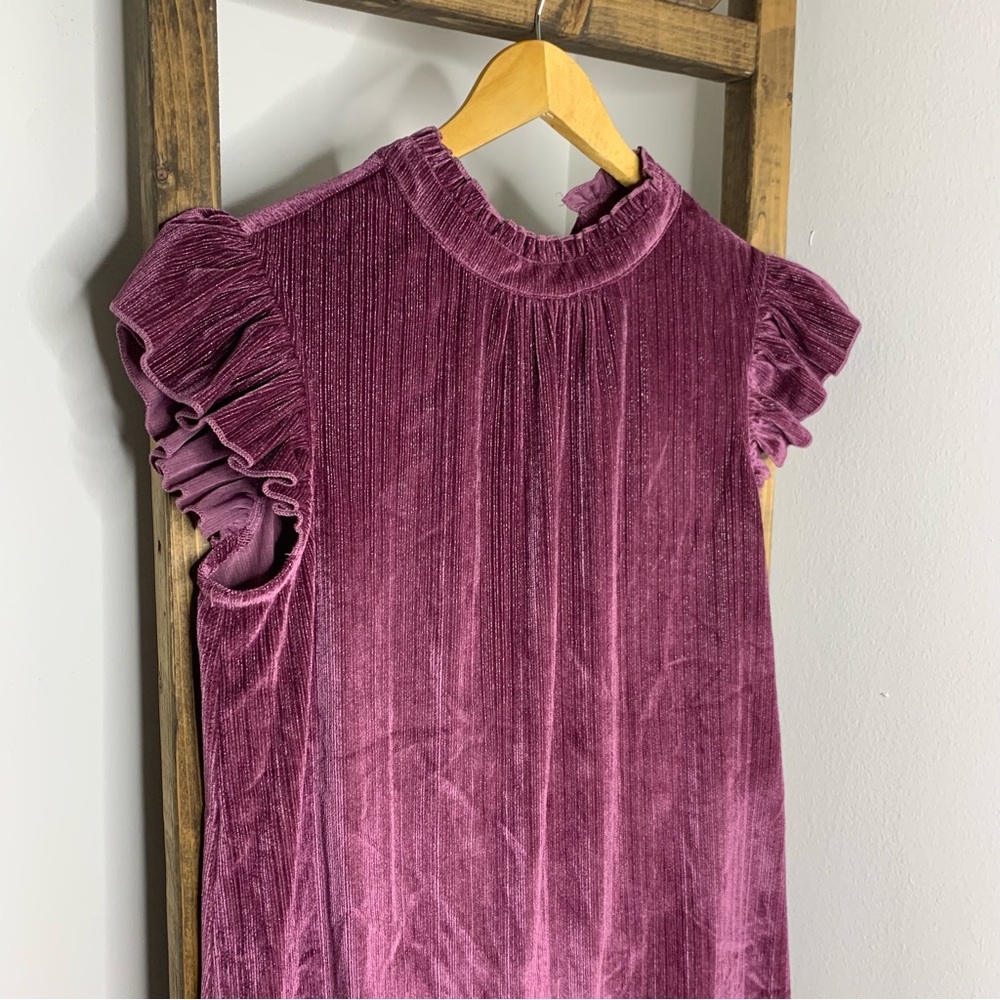 VOY Velvet Ruffle Sleeve Metallic Shimmer Dress Size S - Picture 2 of 6